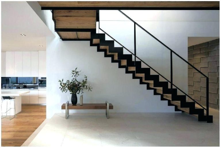 A sleek metal staircase with wooden treads, seamlessly integrated into a modern home design, featuring minimalist black railings.