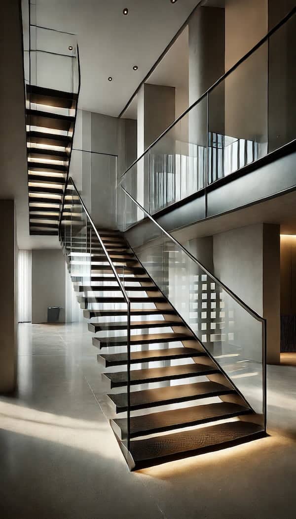 the iron stairs with glass railing